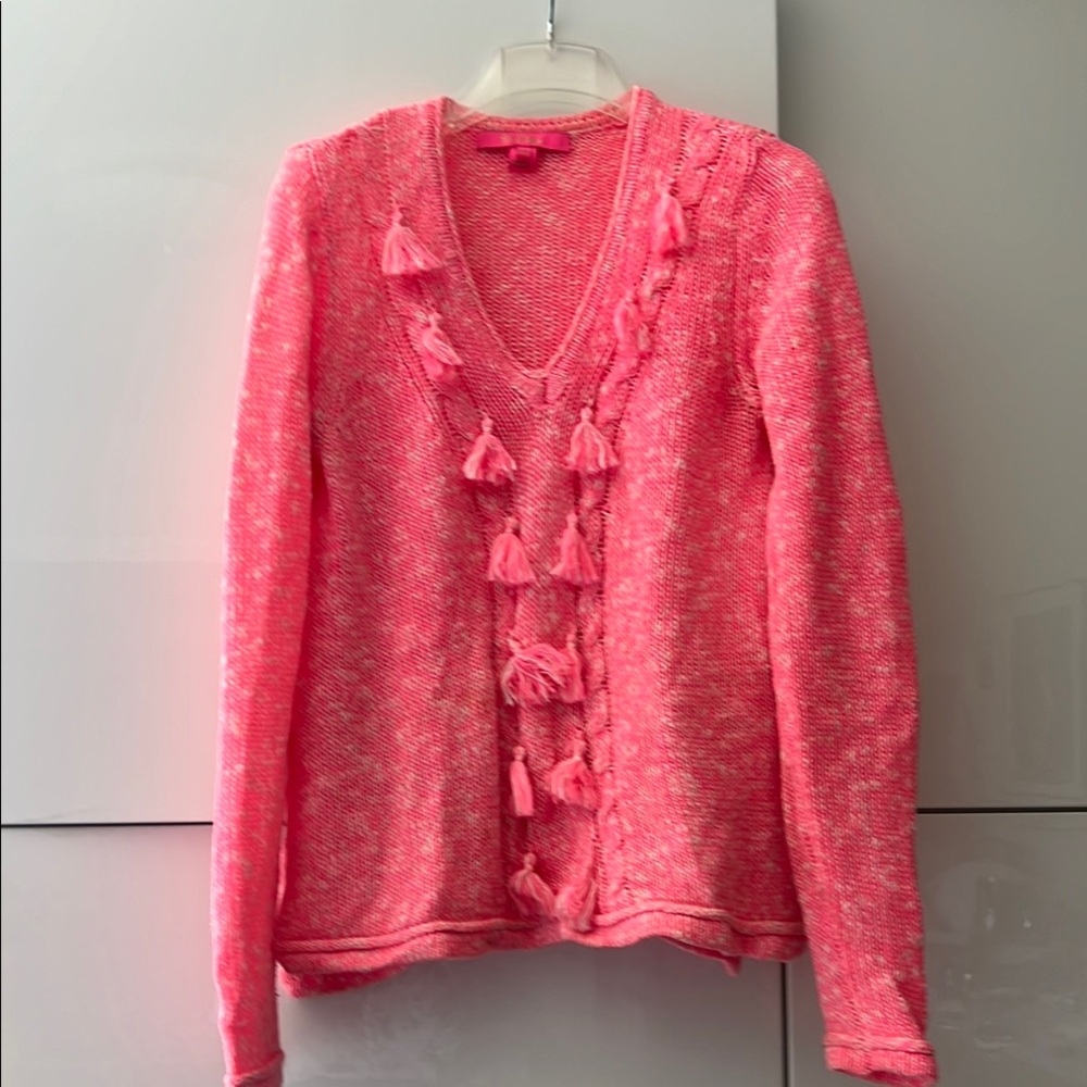 Bright Pink V-Neck Sweater with Tassels